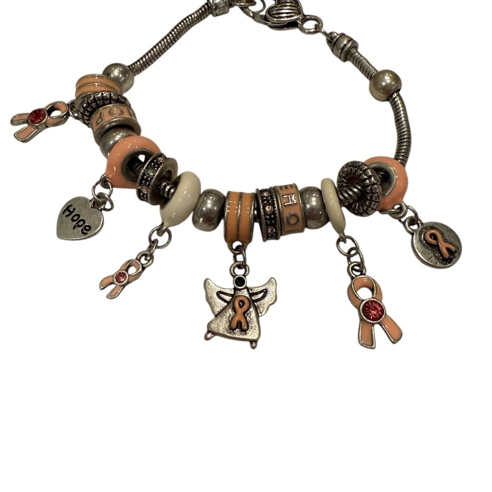 Landau Charm Bracelet Breast Cancer Awareness Silvertone With 6 Charms